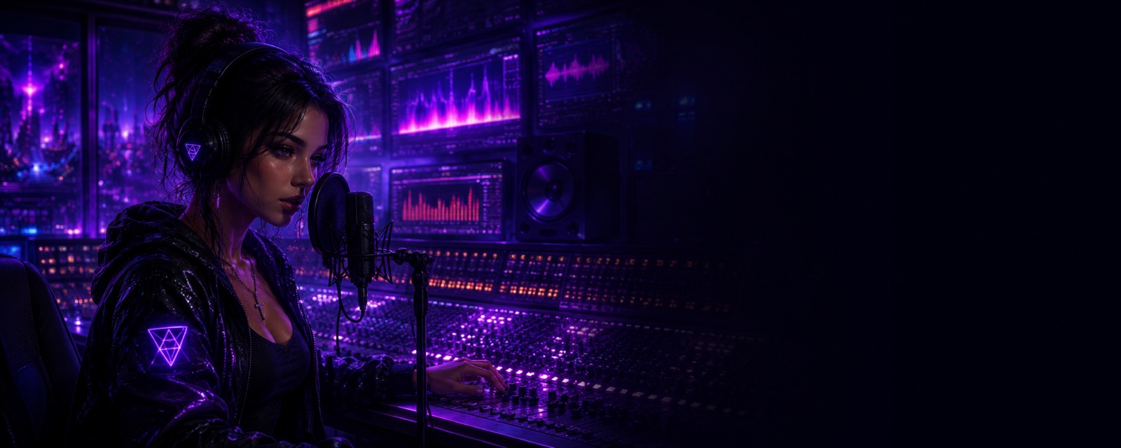 ECHOFAYYZ at a neon-lit mixing console, headphones on, microphone in front of her