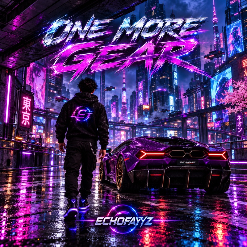 One More Gear cover art: a neon city at night and a purple supercar on wet asphalt